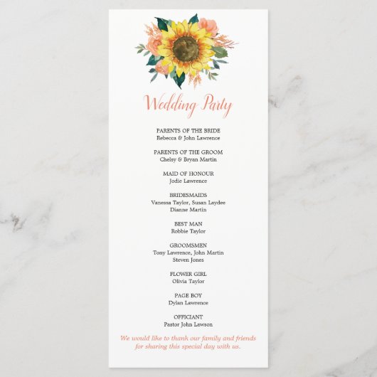 Sonnenblumenpfirsichkorallen Geometrische Hochzeit Programm (Rückseite)