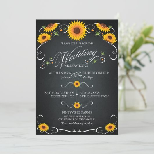 Sonnenblumenplatte Vintage fette Hochzeit Einladung (Stehend Vorderseite)