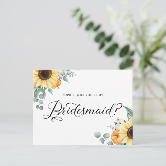 Sonnenblumenpumpen werden Sie meine Bridesmaid-Kar Postkarte (Stehend Vorderseite)