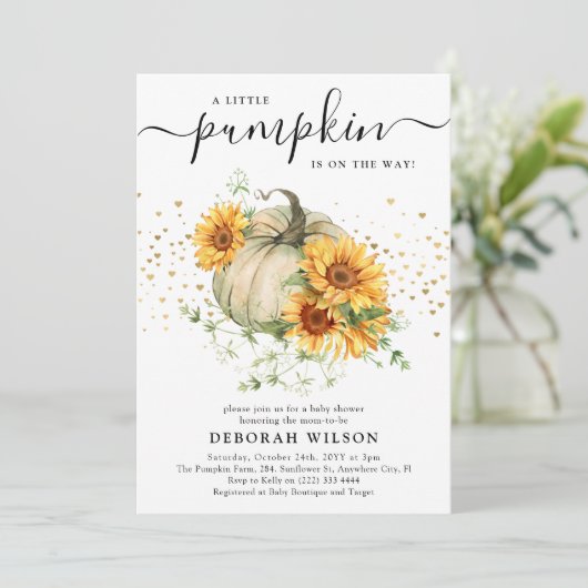 Sonnenblumenpumpengeschlecht Neutrale Babydusche Einladung (Stehend Vorderseite)