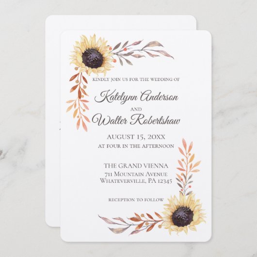 Sonnenblumenrahmen Späte Sommer Blumenhochzeit Einladung (Vorne/Hinten)