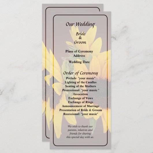 Sonnenblumenring-Hochzeitsprogramm Programm (Vorne/Hinten)