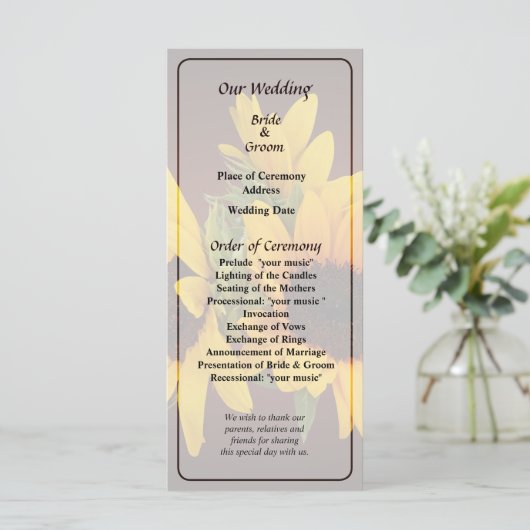 Sonnenblumenring-Hochzeitsprogramm Programm (Stehend Vorderseite)