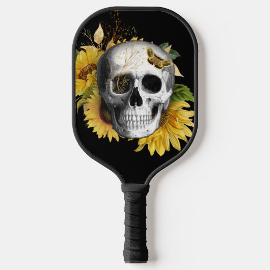 Sonnenblumenschädel auf schwarz pickleball schläger (Vorderseite)