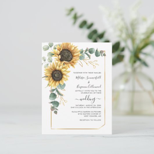 Sonnenblumenschrift Botanische Hochzeit Einladungspostkarte (Stehend Vorderseite)