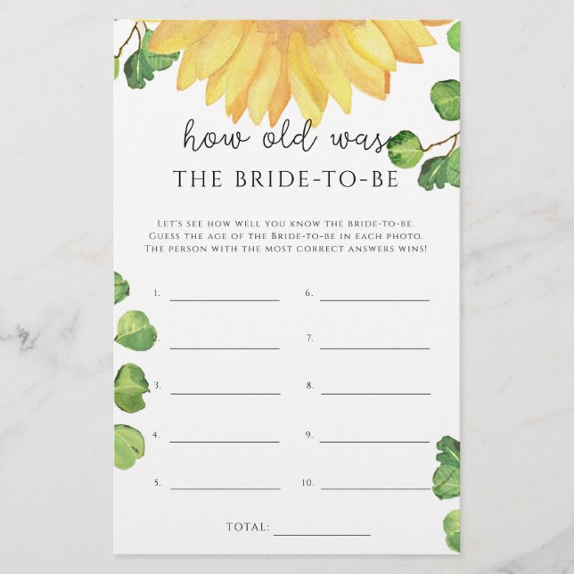 Sonnenblumenspiel Wie alt war die Braut zu sein (Vorderseite)