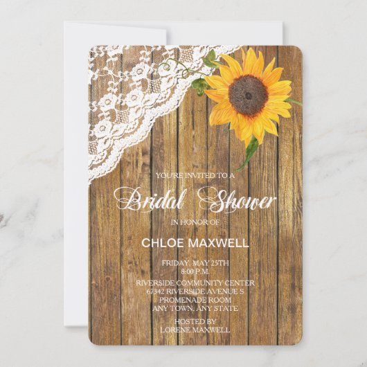 Sonnenblumenspitze Holz Blumenblume Brautparty Einladung (Vorderseite)