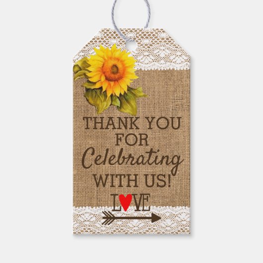 Sonnenblumenspitze und Burlap-Gastgeschenk Hochzei Geschenkanhänger (Vorderseite)