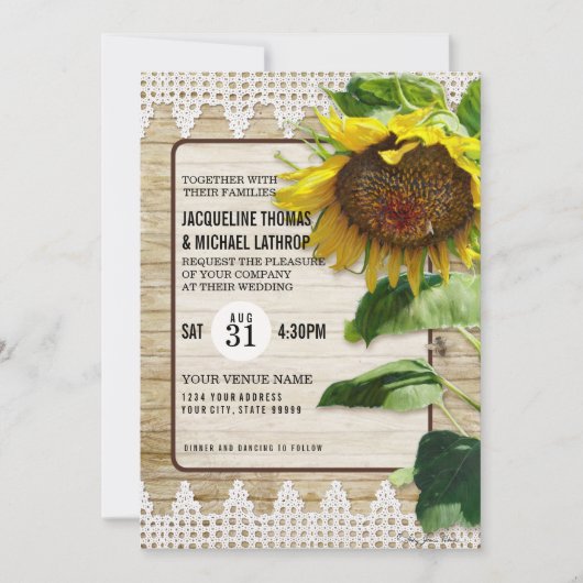 Sonnenblumenspitze Vintage Rustikale Holzbäume Einladung (Vorderseite)