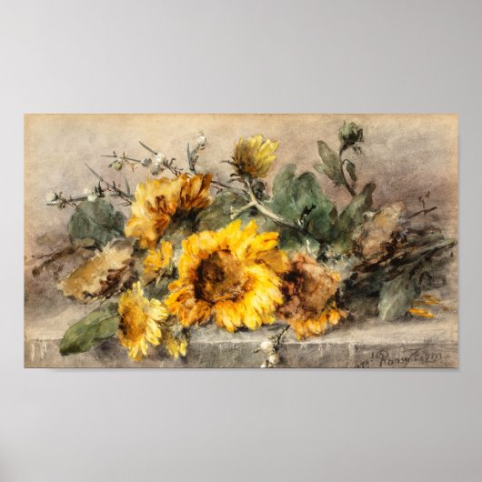 Sonnenblumenspray auf einem Stein, M. Roosenboom Poster (Vorne)
