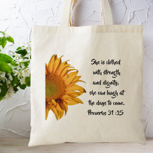 Sonnenblumensprichwörter 31:25 Bibel Verse Custom Tragetasche