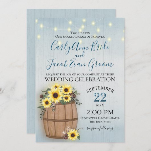 Sonnenblumenstrasse Rustikales Holz und Lichter Einladung (Vorne/Hinten)