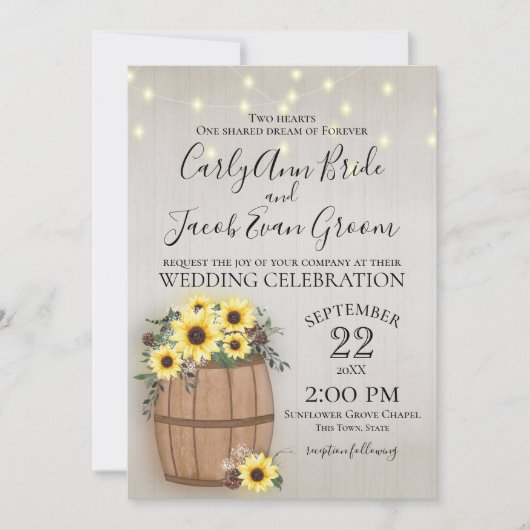 Sonnenblumenstrasse Rustikales Holz und Lichter Einladung (Vorderseite)