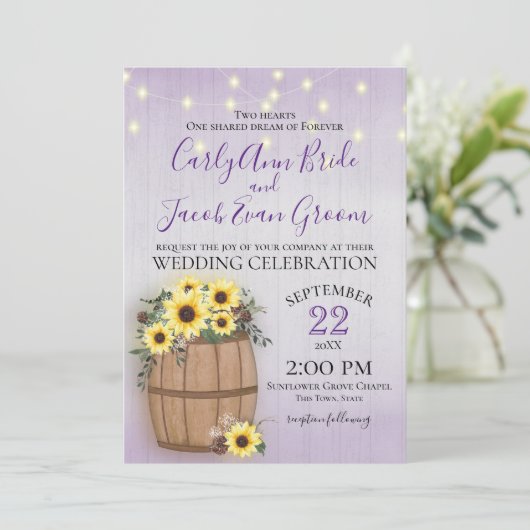 Sonnenblumenstrauch Rustikales Holz und Lichter Li Einladung (Stehend Vorderseite)