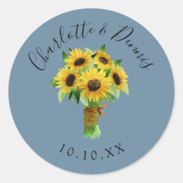 Sonnenblumenstrauß und blaue Hochzeit Runder Aufkleber