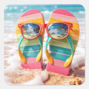 Sonnenbrille auf Flip-Flops im Sand am Strand Quadratischer Aufkleber