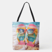 Sonnenbrille auf Flip-Flops im Sand am Strand Tasche (Rückseite)