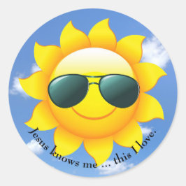 Sonnenbrille auf gelber Sonne am Himmel mit Zitat Runder Aufkleber