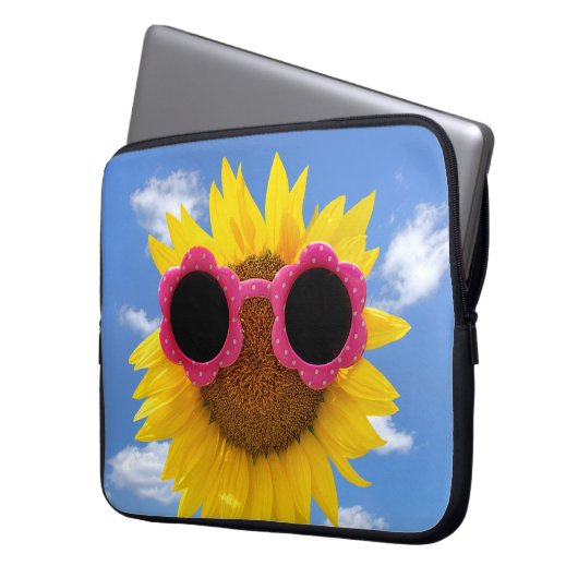 Sonnenbrille auf Sonnenblumen Laptopschutzhülle (Vorderseite Links)