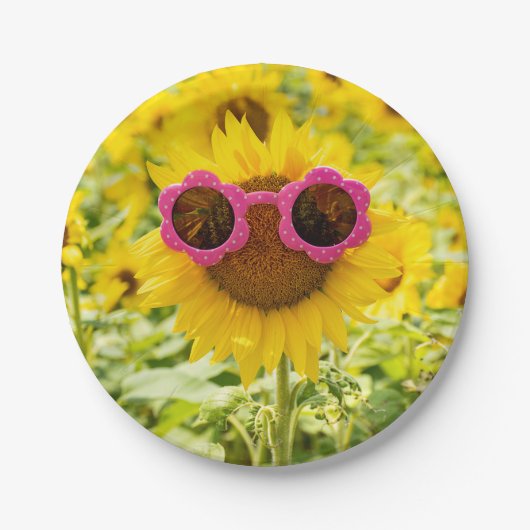 Sonnenbrille auf Sonnenblumen Pappteller (Vorderseite)