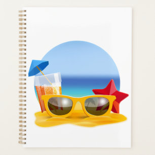 Sonnenbrille und Strandlandschaft für den Sommer Planer