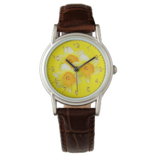 Sonnenburst, goldene Daffodien, Ladys Leather Watc Armbanduhr