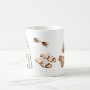 Sonnencreme Badeanzug Sandalen Kaffeetasse