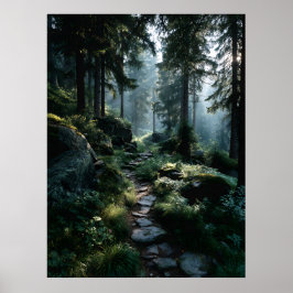Sonnendurchfluteter Waldweg durch alte Kiefern Poster