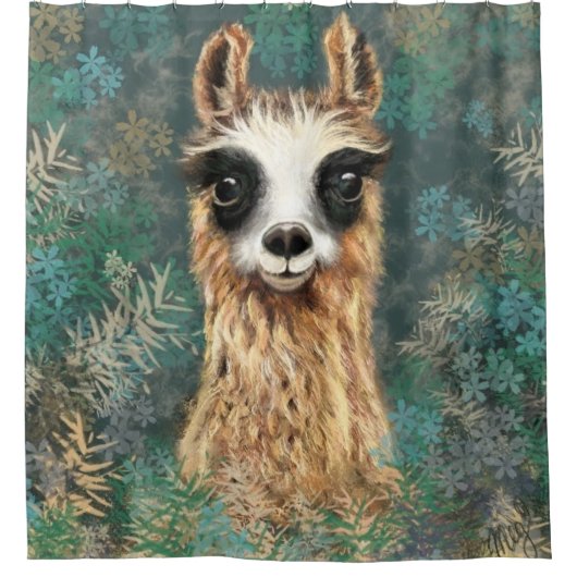Sonnenduschvorhang mit Neugierigem Baby Llama Duschvorhang (Vorderseite)