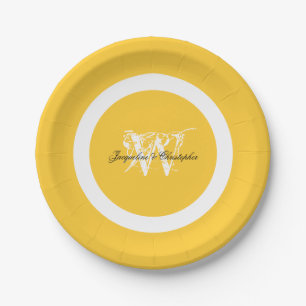 Sonnengelb Hochzeit Chic Elegant Weiß Monogramm Pappteller