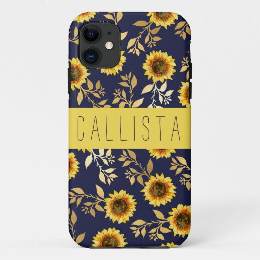 Sonnengelbe goldene Navy Sonnenblumen Blätter Mono Case-Mate iPhone Hülle (Rückseite)