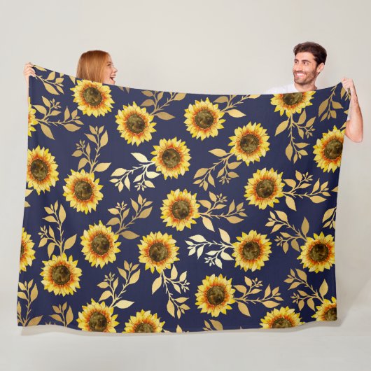 Sonnengelbe goldene Navy Sonnenblumen Blätter Must Fleecedecke (Beispiel)