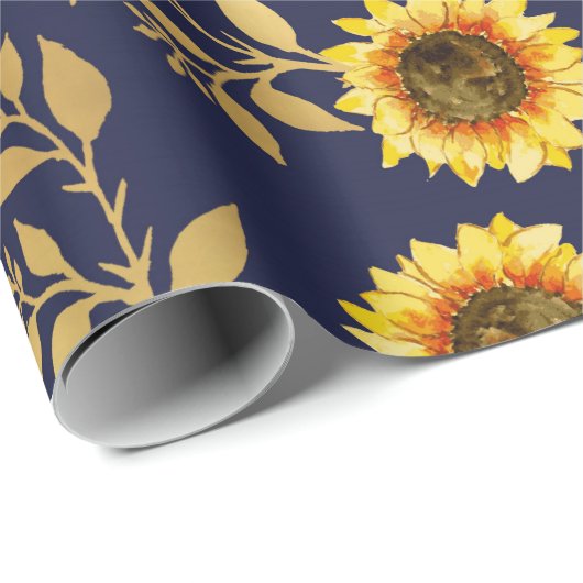 Sonnengelbe goldene Navy Sonnenblumen Blätter Must Geschenkpapier (Rolleneckpunkt)