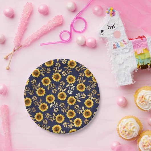 Sonnengelbe goldene Navy Sonnenblumen Blätter Must Pappteller (Party)