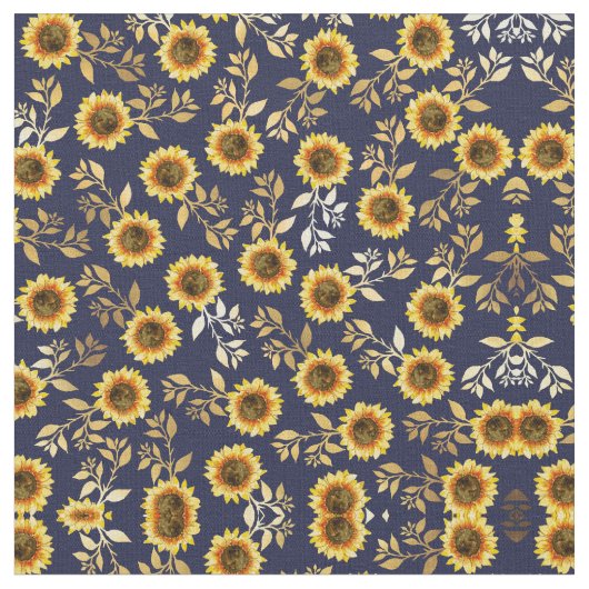 Sonnengelbe goldene Navy Sonnenblumen Blätter Must Stoff (Nahaufnahme)