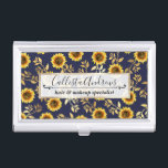 Sonnengelbe goldene Navy Sonnenblumen Blätter Must Visitenkarten Dose<br><div class="desc">Dieses elegante und schicke Blumenmuster ist perfekt für die Sommersaison geeignet und zeichnet sich durch ein gelb-braunes Sonnenblumenmuster aus, das mit Imitaten bedruckt ist, die Blätter aus Goldfolie auf einem schlichten marineblauen Hintergrund. Dieser Ausdruck ist modern, ländlich und modern. ***WICHTIGE HINWEIS FÜR DESIGN: Für individuelle Designanfragen, wie z.B. passende Produktanfragen,...</div>
