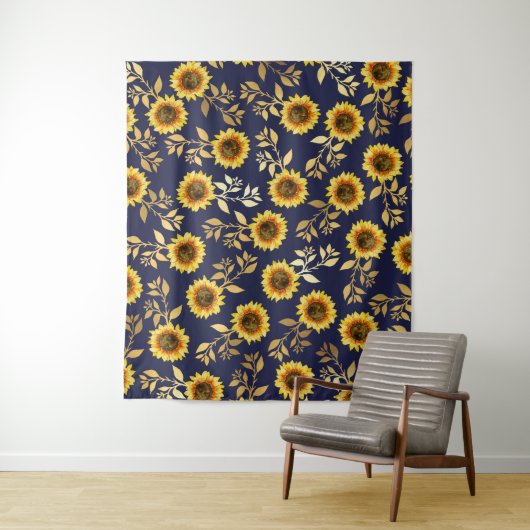 Sonnengelbe goldene Navy Sonnenblumen Blätter Must Wandteppich (Beispiel)