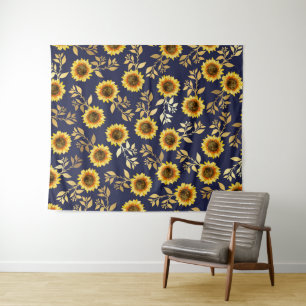 Sonnengelbe goldene Navy Sonnenblumen Blätter Must Wandteppich