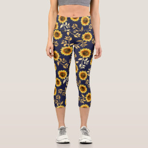 Sonnengelbe goldene Navy Sonnenblumen Leaf Wasserf Capri Leggings