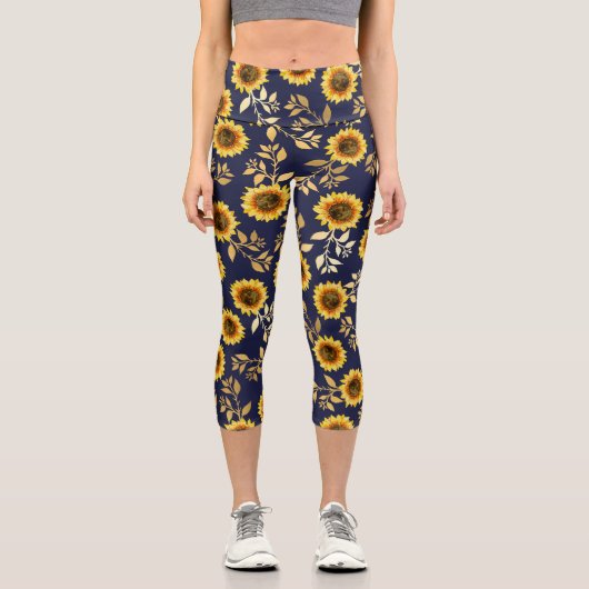 Sonnengelbe goldene Navy Sonnenblumen Leaf Wasserf Capri Leggings (Vorderseite)
