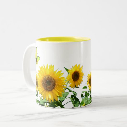 Sonnengelbe Sonnenblumen und Schmetterling Zweifarbige Tasse (Vorderseite Links)