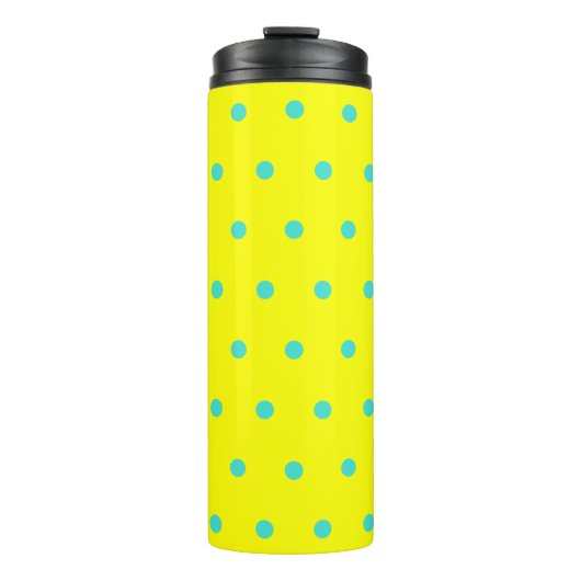 Sonnengelbes Türkis Blaue Polka Dots Thermosbecher (Vorderseite)
