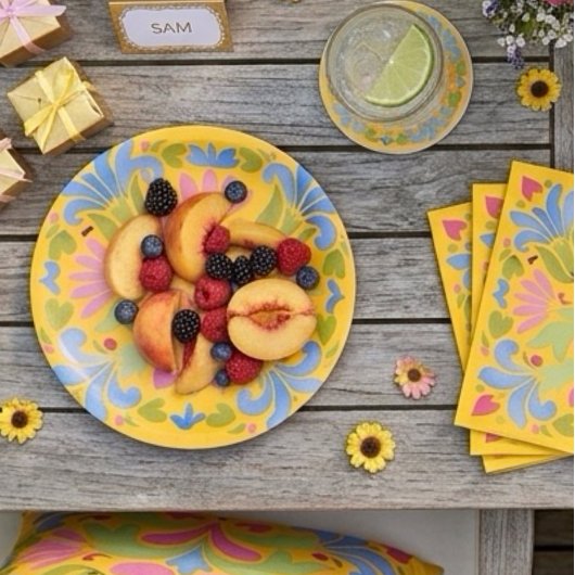 Sonnengelbes und blaues Sommerblumenmuster Pappteller