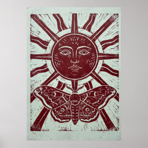 Sonnengesicht und Luna-Motte Linolschnitt Volkskun Poster