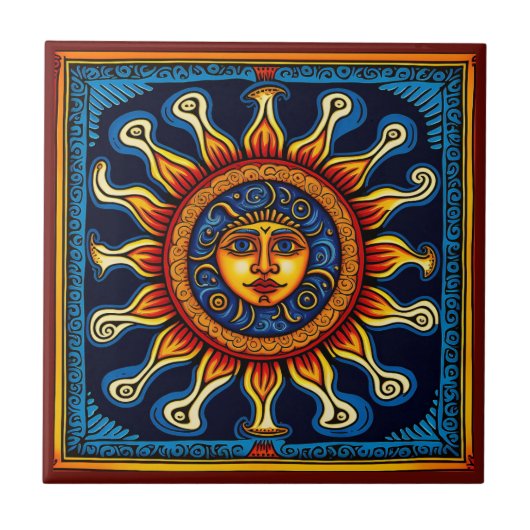 Sonnenkachel im mexikanischen Huichol-Stil Keramik Fliese (Vorderseite)