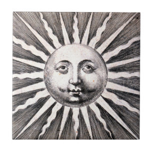 Sonnenkachel Vintage-Holzschnitt-Sonnenillustratio Fliese