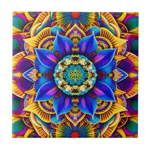 Sonnenlicht Blau Mandala Fliese (Vorderseite)