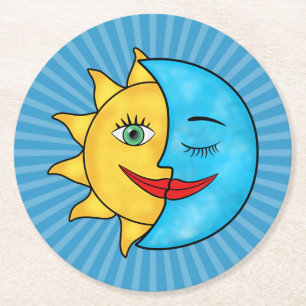 Sonnenmond Sonnenstrahlen Himmelsthema Runder Pappuntersetzer