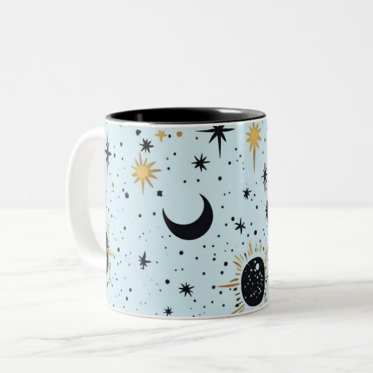 Sonnenmondstars aus Schwarz, Gold und Blau Zweifarbige Tasse (Vorderseite Links)