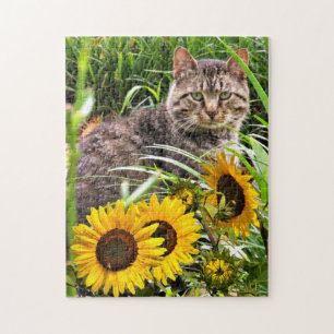 Sonnens Blumen und süße Katze Puzzle